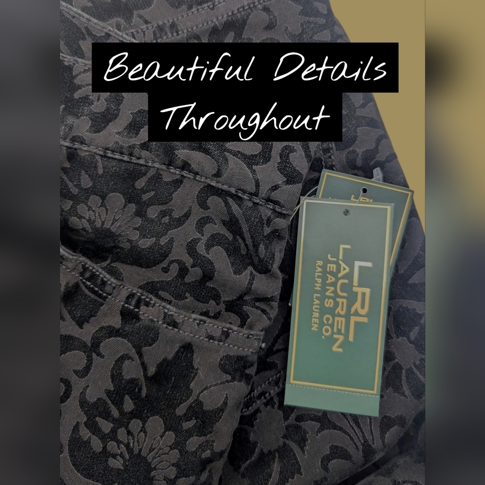 NWT LRL Midnight Damask Black Jeans Size 12 Floral Pattered Classic Straight Fit - Picture 7 of 16